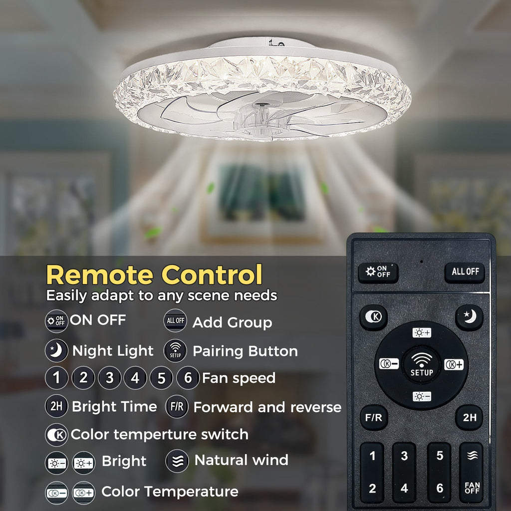 Jandcase 19 in. 15W 7-Blade White Crystal Ceiling Fan with Stepless Dimming and Night Light, Brightness Adjustment 3000 to 6500K