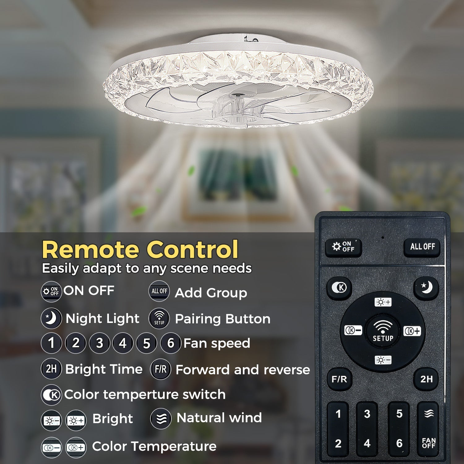 Jandcase 19 in. 15W 7-Blade White Crystal Ceiling Fan with Stepless Dimming and Night Light, Brightness Adjustment 3000 to 6500K