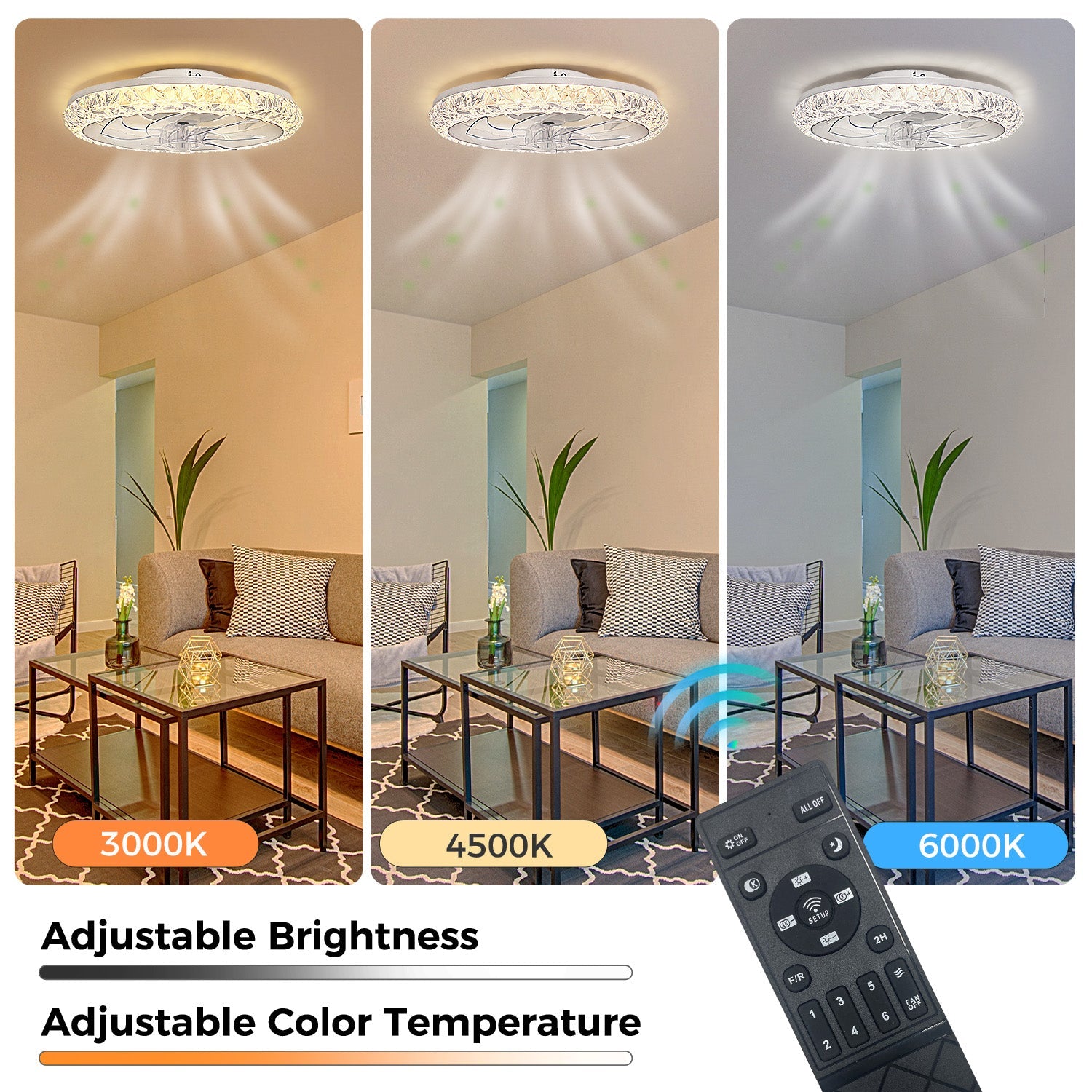 Jandcase 19 in. 15W 7-Blade White Crystal Ceiling Fan with Stepless Dimming and Night Light, Brightness Adjustment 3000 to 6500K