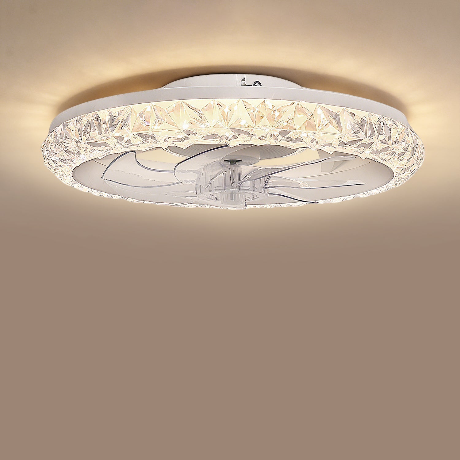 Jandcase 19 in. 15W 7-Blade White Crystal Ceiling Fan with Stepless Dimming and Night Light, Brightness Adjustment 3000 to 6500K