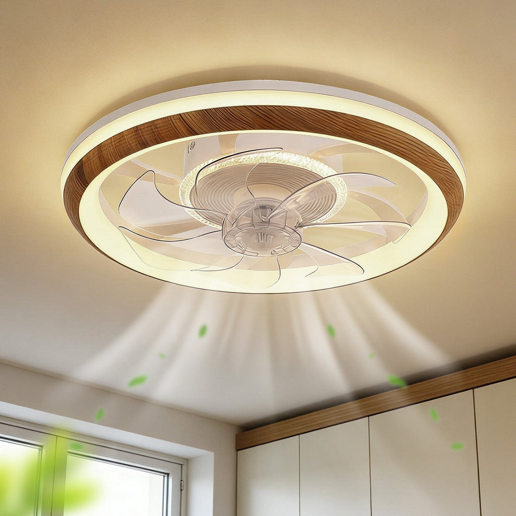 Jandcase 19 in. 15-Watt 7-Blade Wood Grain Standard  Flush Mount Ceiling Fan with Stepless Dimming and Night Light, White Finish