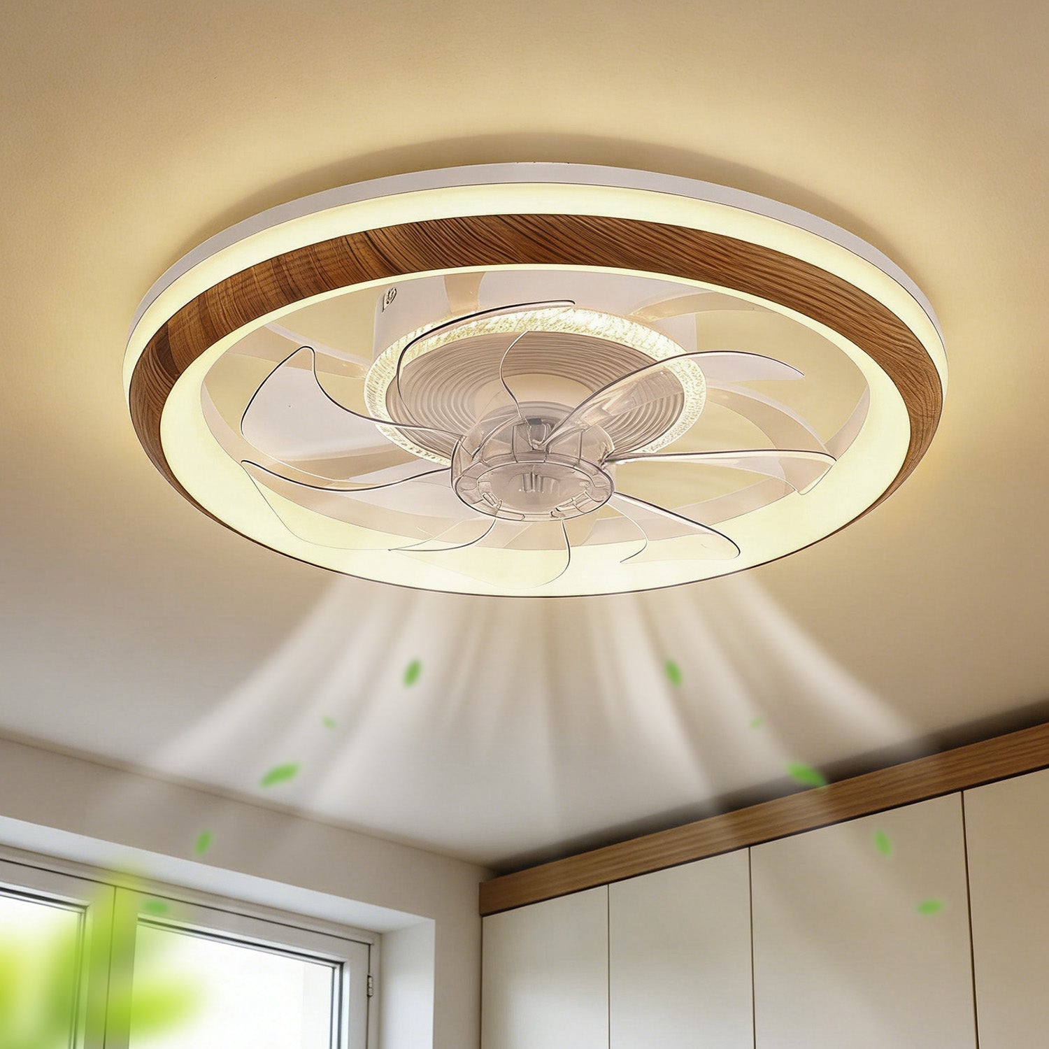 Jandcase 19 in. 15-Watt 7-Blade Wood Grain Standard  Flush Mount Ceiling Fan with Stepless Dimming and Night Light, White Finish