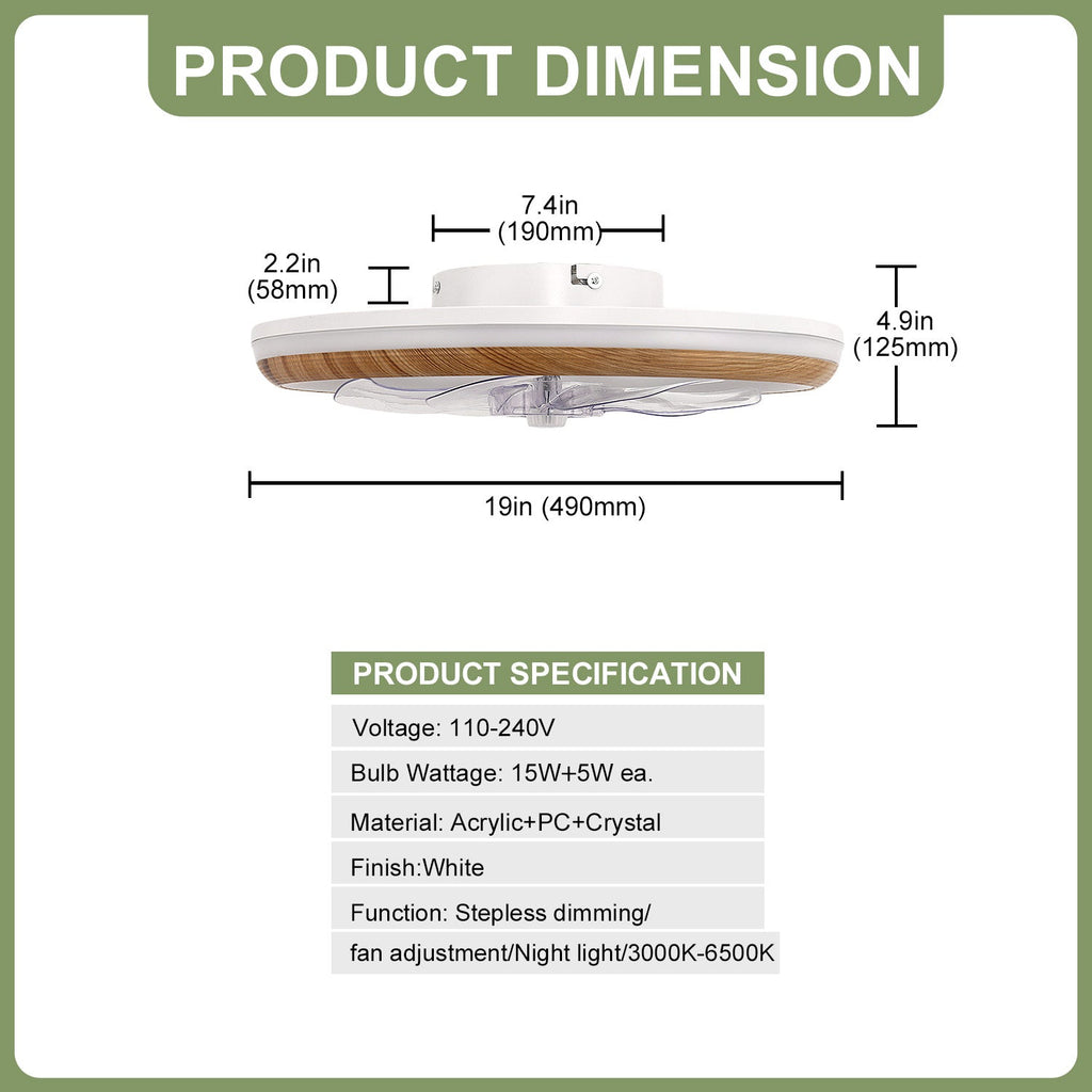 Jandcase 19 in. 15-Watt 7-Blade Wood Grain Standard  Flush Mount Ceiling Fan with Stepless Dimming and Night Light, White Finish