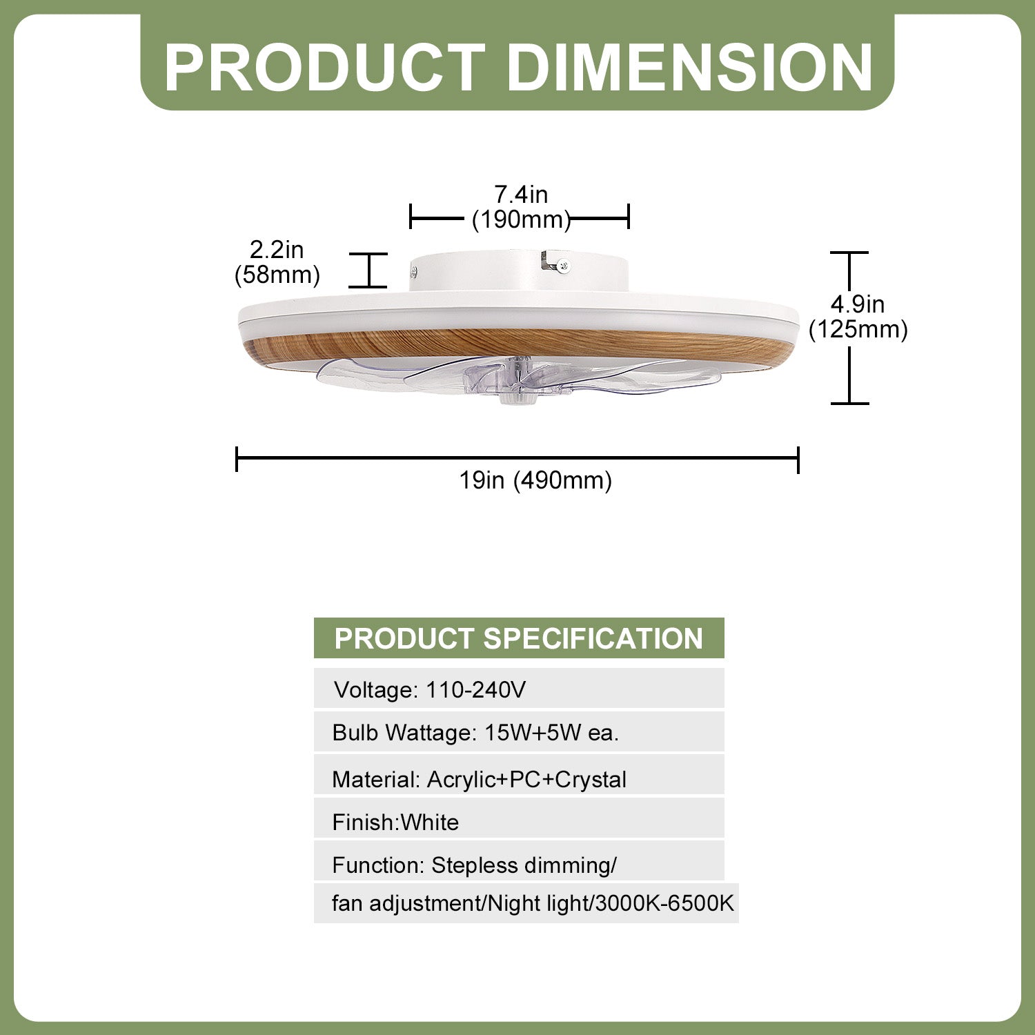 Jandcase 19 in. 15-Watt 7-Blade Wood Grain Standard  Flush Mount Ceiling Fan with Stepless Dimming and Night Light, White Finish