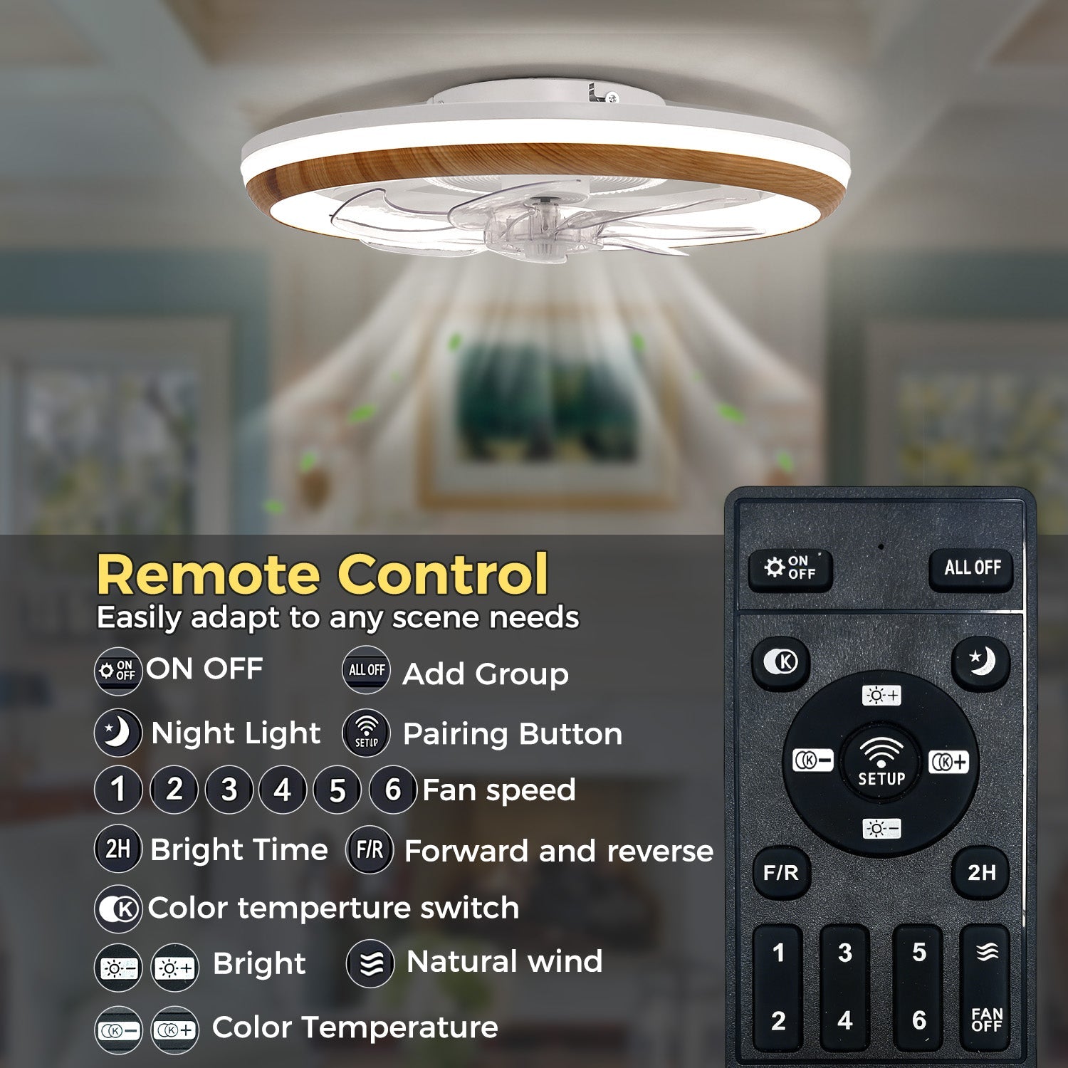 Jandcase 19 in. 15-Watt 7-Blade Wood Grain Standard  Flush Mount Ceiling Fan with Stepless Dimming and Night Light, White Finish