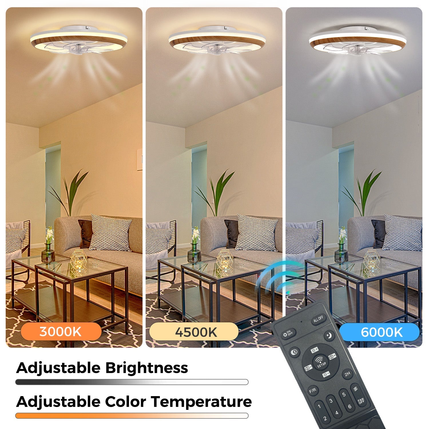Jandcase 19 in. 15-Watt 7-Blade Wood Grain Standard  Flush Mount Ceiling Fan with Stepless Dimming and Night Light, White Finish