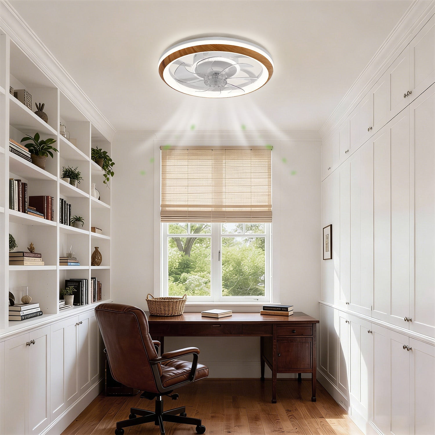 Jandcase 19 in. 15-Watt 7-Blade Wood Grain Standard  Flush Mount Ceiling Fan with Stepless Dimming and Night Light, White Finish