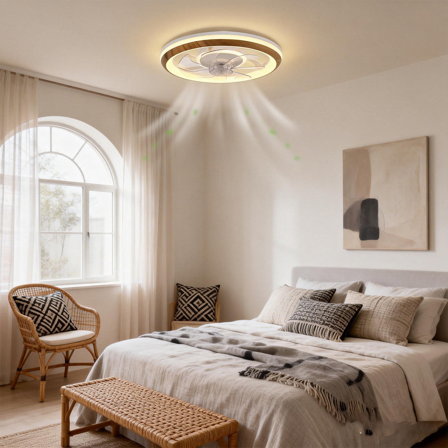 Jandcase 19 in. 15-Watt 7-Blade Wood Grain Standard  Flush Mount Ceiling Fan with Stepless Dimming and Night Light, White Finish