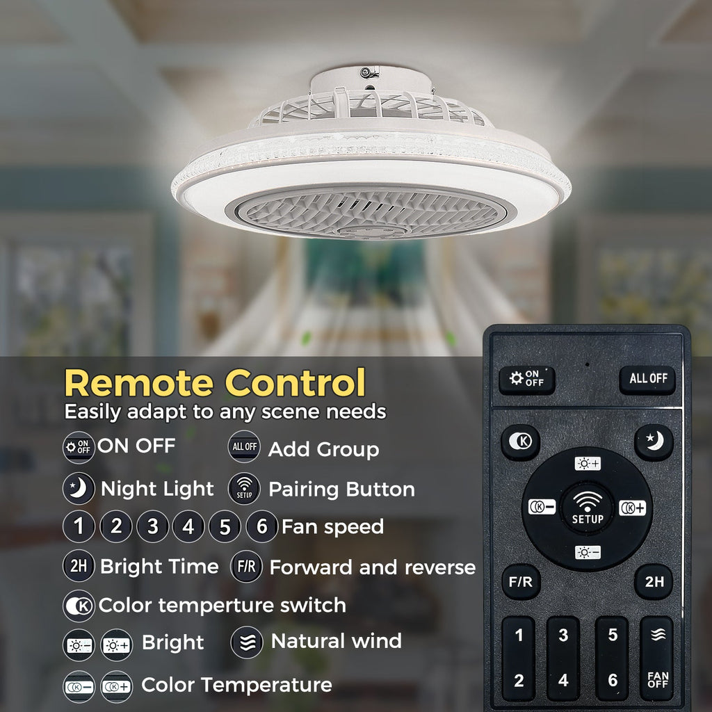 Jandcase 19in LED Ceiling Fan with Light, 5 Blades, Remote Control, Stepless Dimming, 3000K-6500K, Gray & White