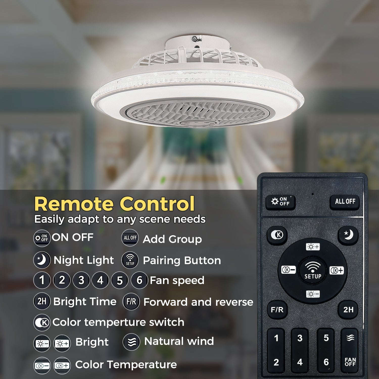 Jandcase 19in LED Ceiling Fan with Light, 5 Blades, Remote Control, Stepless Dimming, 3000K-6500K, Gray & White