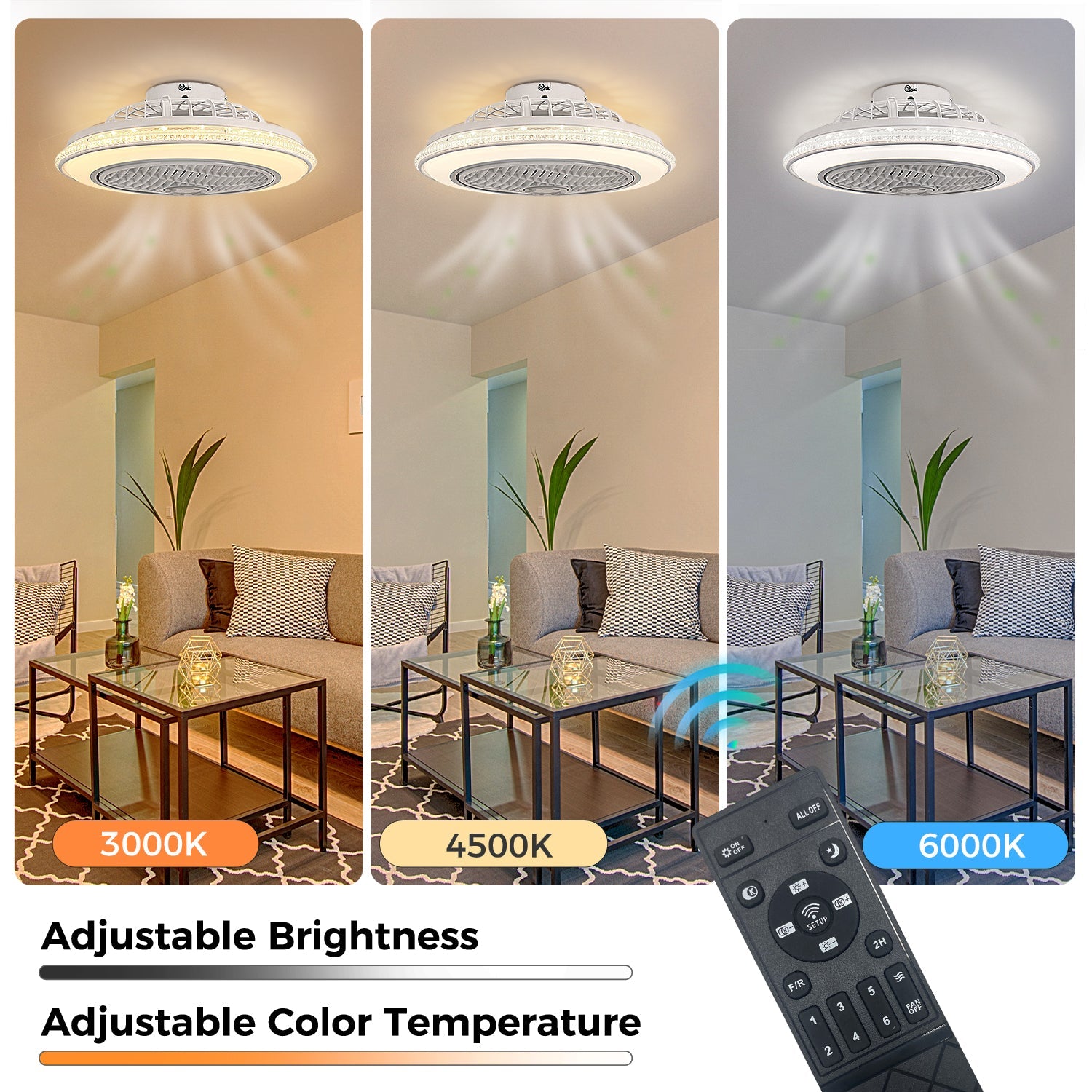 Jandcase 19in LED Ceiling Fan with Light, 5 Blades, Remote Control, Stepless Dimming, 3000K-6500K, Gray & White