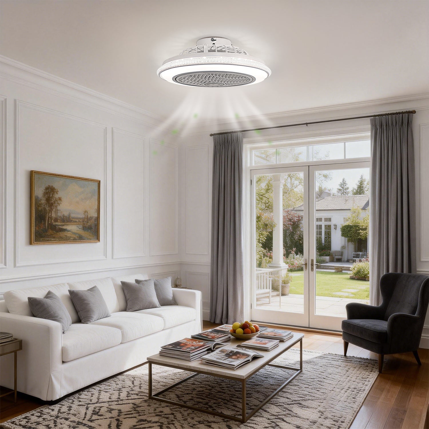 Jandcase 19in LED Ceiling Fan with Light, 5 Blades, Remote Control, Stepless Dimming, 3000K-6500K, Gray & White