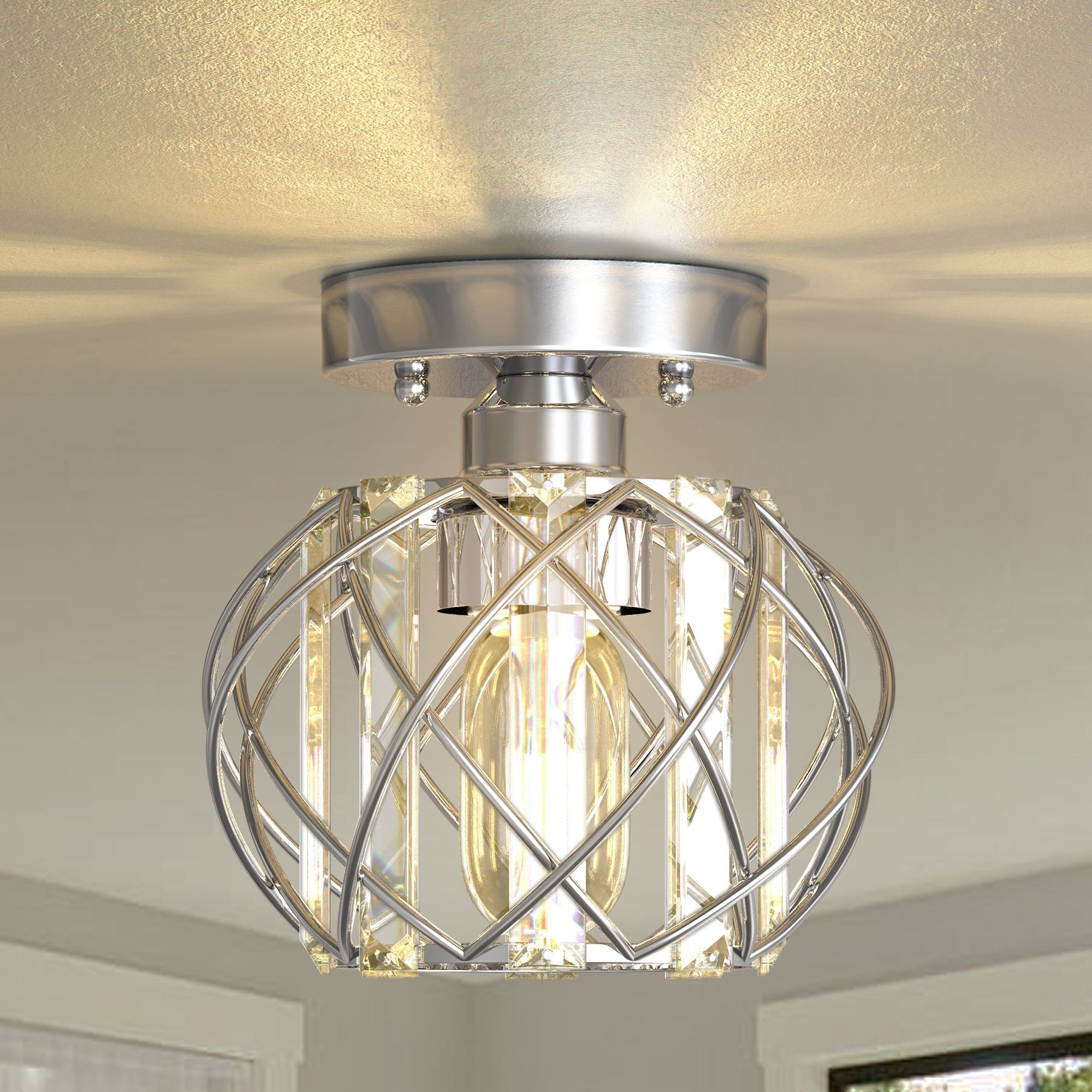Jandcase 7.1 in. 1-Light Semi Flush Mount Ceiling Light, Triangular Crystal, Matte Black Cross Metal Shade, Chrome Finish, E26