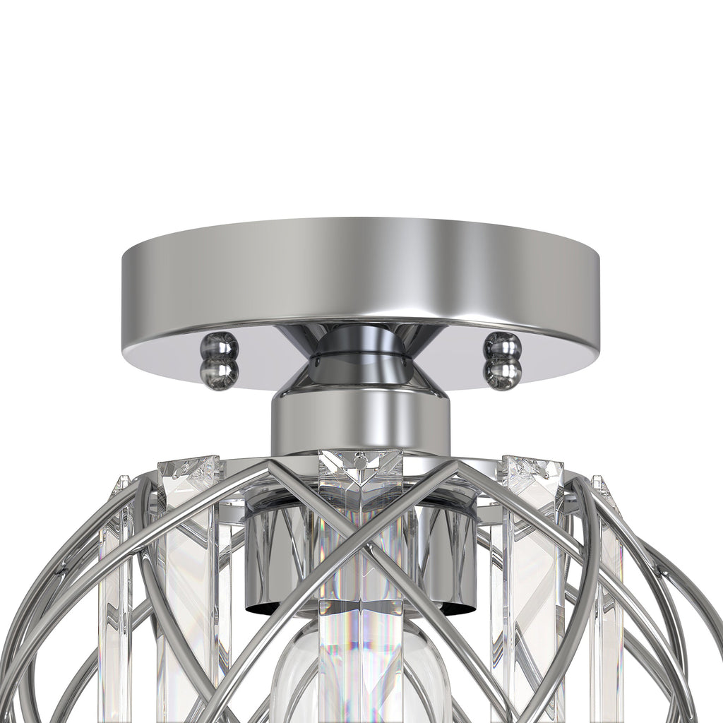 Jandcase 7.1 in. 1-Light Semi Flush Mount Ceiling Light, Triangular Crystal, Matte Black Cross Metal Shade, Chrome Finish, E26