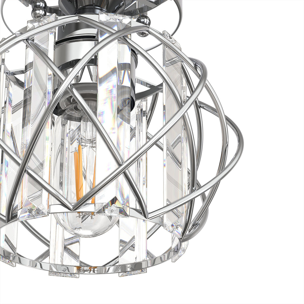 Jandcase 7.1 in. 1-Light Semi Flush Mount Ceiling Light, Triangular Crystal, Matte Black Cross Metal Shade, Chrome Finish, E26