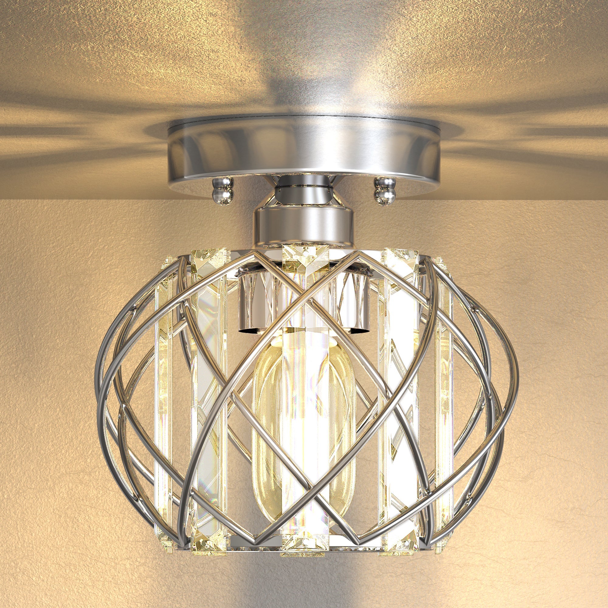 Jandcase 7.1 in. 1-Light Semi Flush Mount Ceiling Light, Triangular Crystal, Matte Black Cross Metal Shade, Chrome Finish, E26