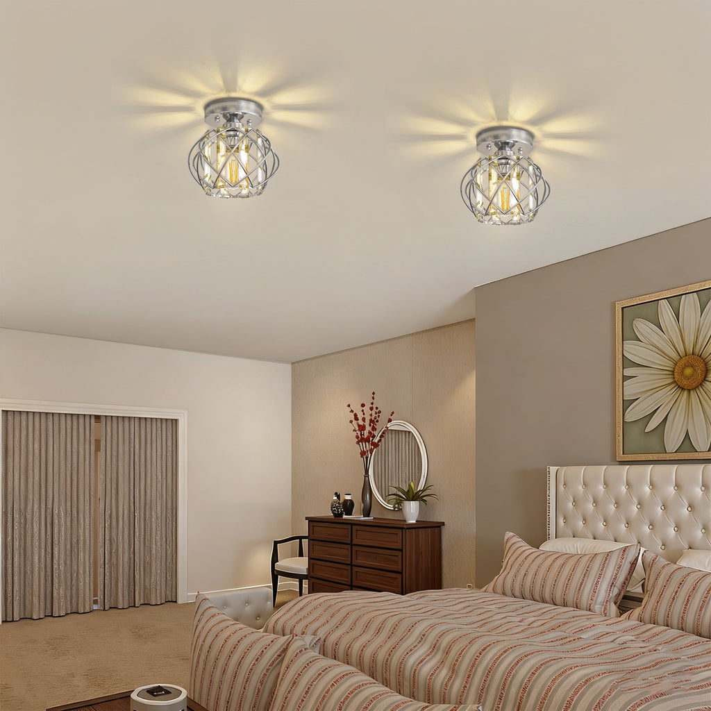 Jandcase 7.1 in. 1-Light Semi Flush Mount Ceiling Light, Triangular Crystal, Matte Black Cross Metal Shade, Chrome Finish, E26