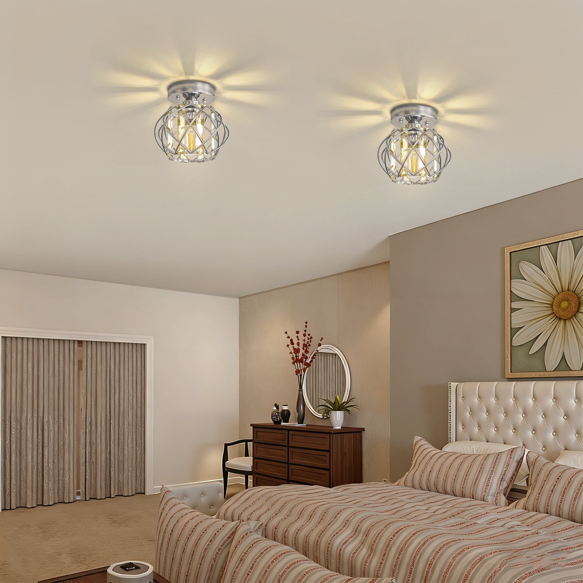 Jandcase 7.1 in. 1-Light Semi Flush Mount Ceiling Light, Triangular Crystal, Matte Black Cross Metal Shade, Chrome Finish, E26