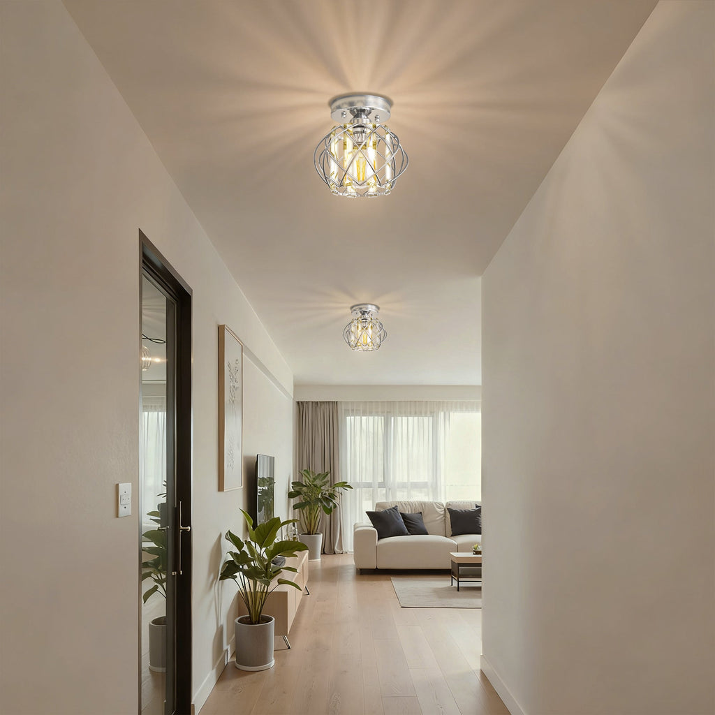 Jandcase 7.1 in. 1-Light Semi Flush Mount Ceiling Light, Triangular Crystal, Matte Black Cross Metal Shade, Chrome Finish, E26