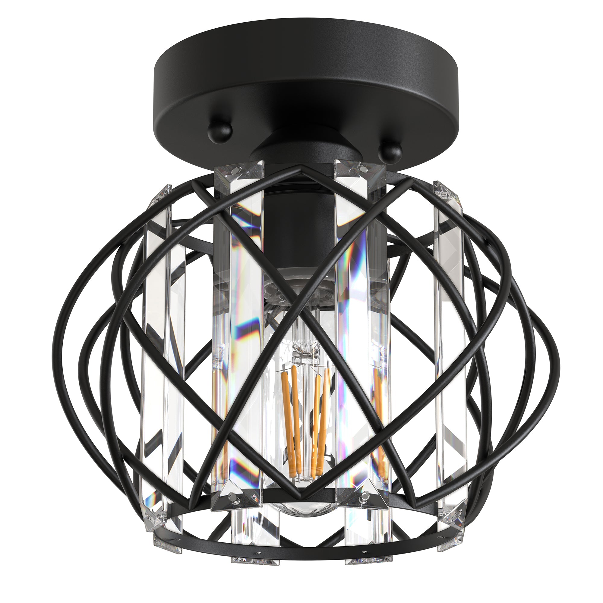 7. 1in. 1-Light Matte Black Industrial Globe Semi-Flush Mount With Clear Glass and Metal Shade and No Bulbs Included