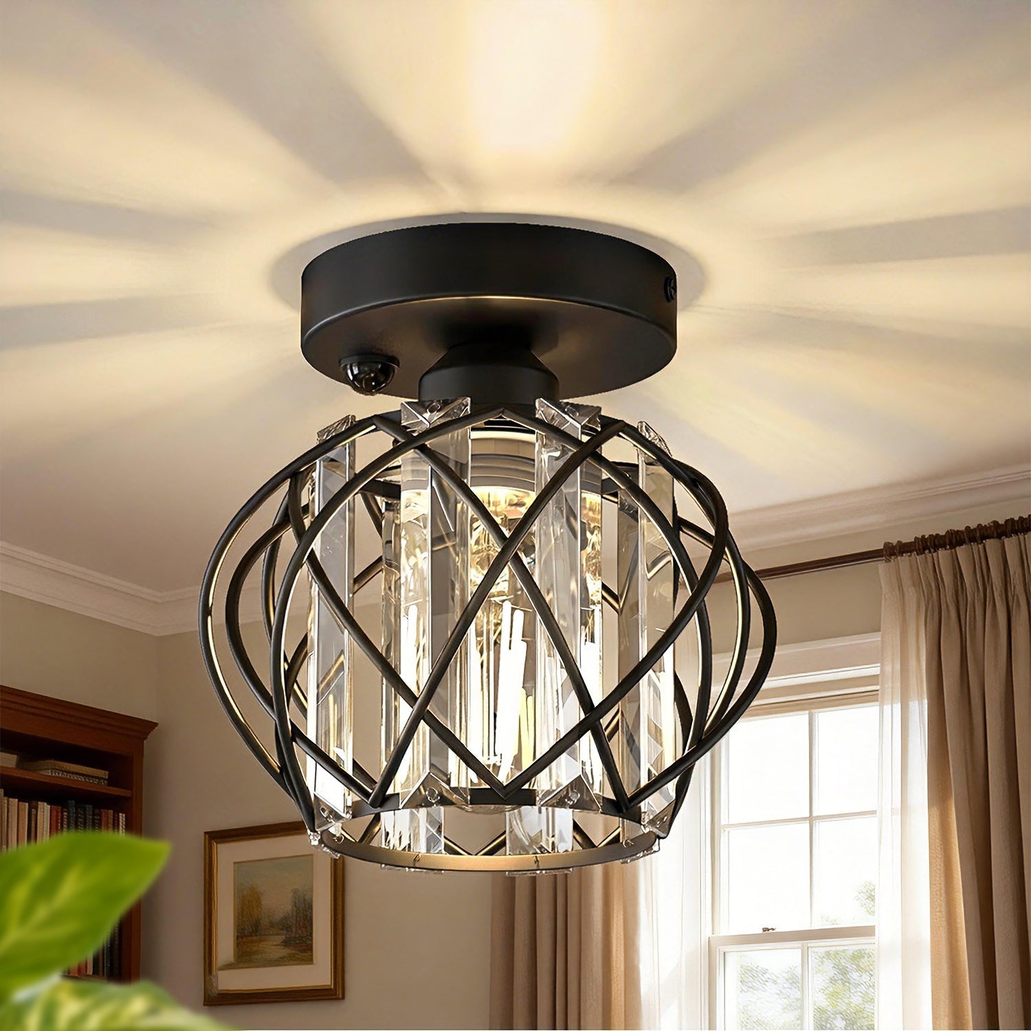 Jandcase 7.1 in. 1-Light Matte Black Motion Sensor Semi Flush Mount Ceiling Light with Crystal Shade Modern Ceiling Light Fixtur