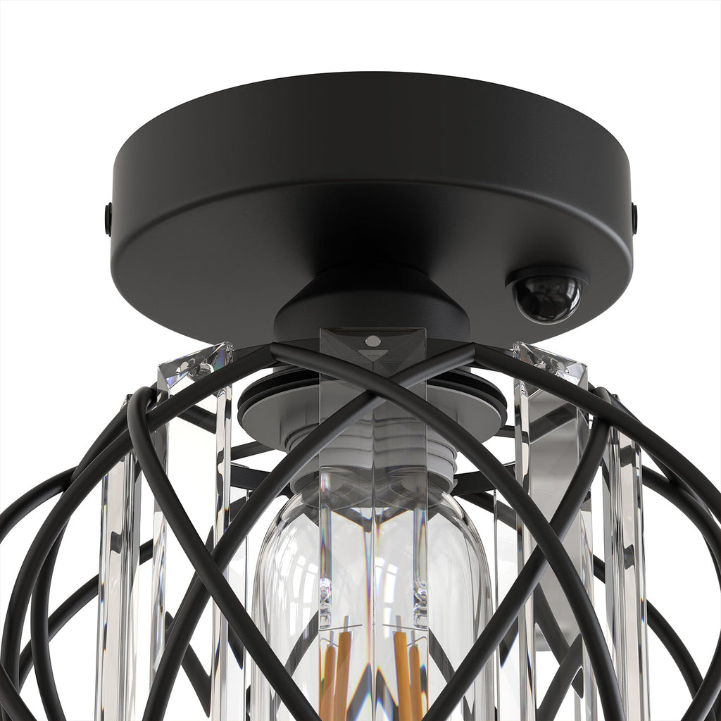 Jandcase 7.1 in. 1-Light Matte Black Motion Sensor Semi Flush Mount Ceiling Light with Crystal Shade Modern Ceiling Light Fixtur