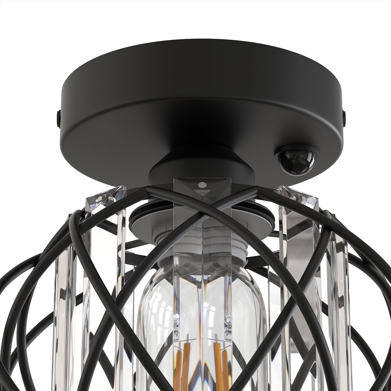 Jandcase 7.1 in. 1-Light Matte Black Motion Sensor Semi Flush Mount Ceiling Light with Crystal Shade Modern Ceiling Light Fixtur