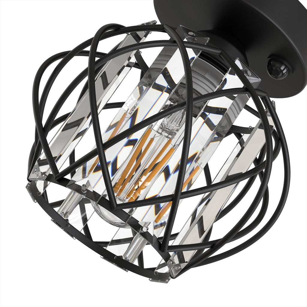 Jandcase 7.1 in. 1-Light Matte Black Motion Sensor Semi Flush Mount Ceiling Light with Crystal Shade Modern Ceiling Light Fixtur