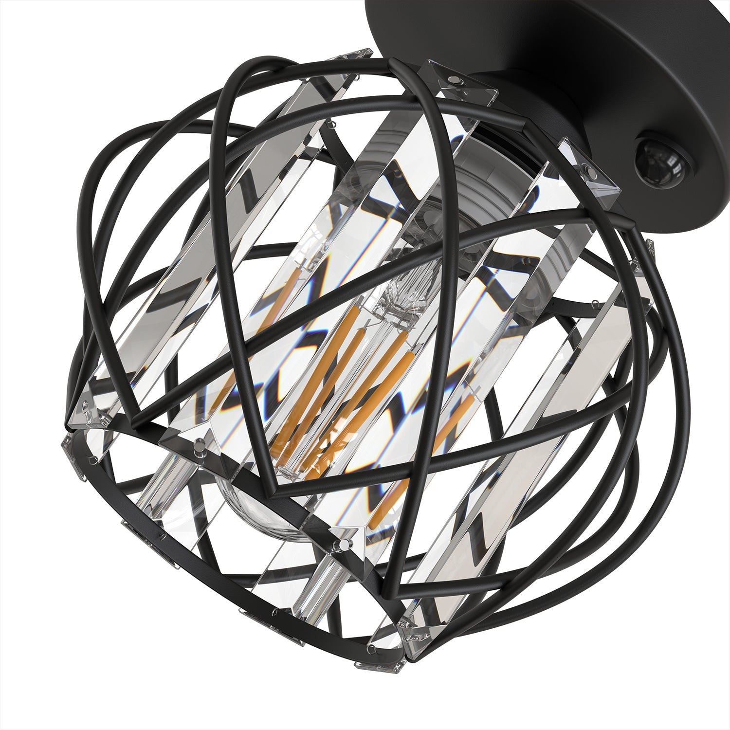 Jandcase 7.1 in. 1-Light Matte Black Motion Sensor Semi Flush Mount Ceiling Light with Crystal Shade Modern Ceiling Light Fixtur