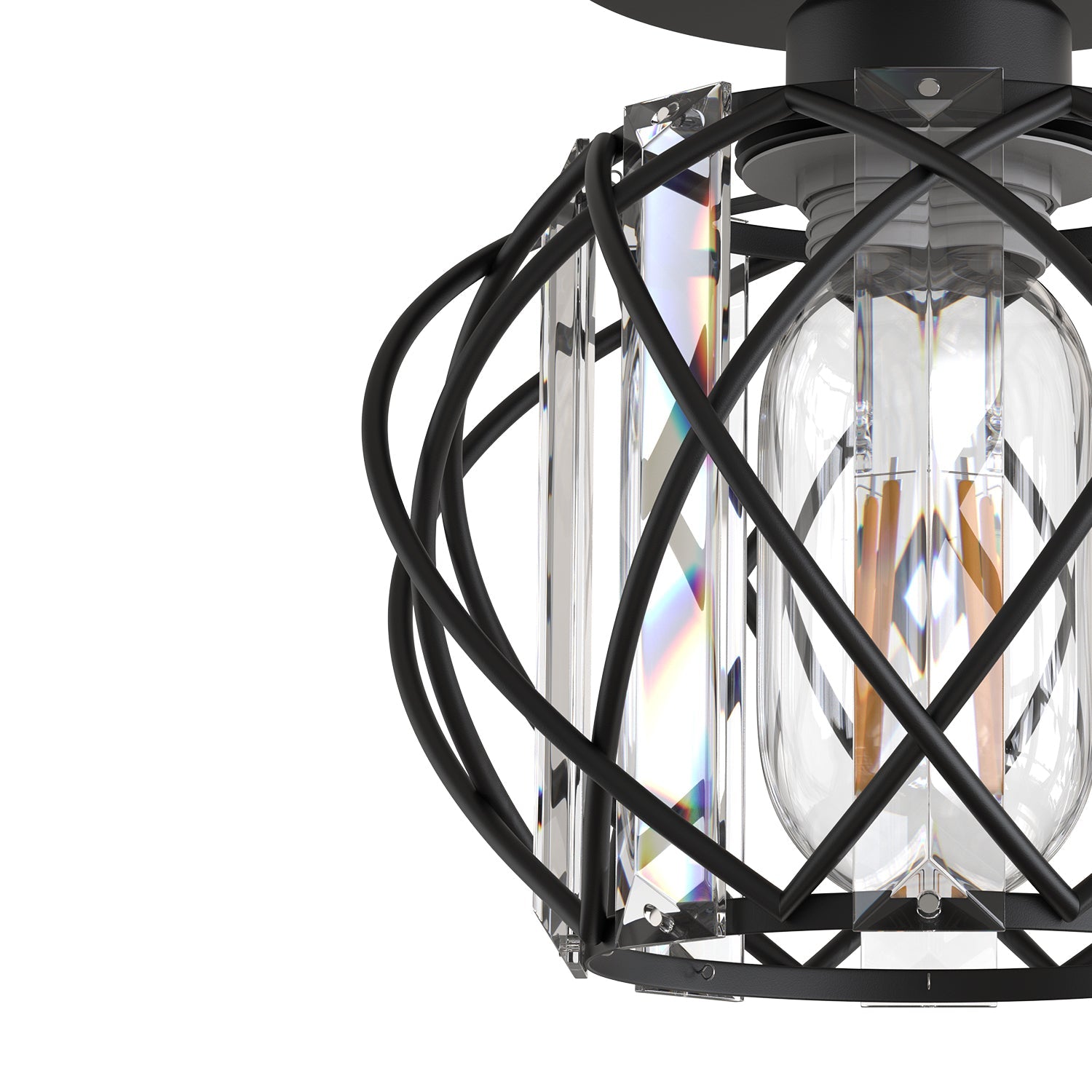 Jandcase 7.1 in. 1-Light Matte Black Motion Sensor Semi Flush Mount Ceiling Light with Crystal Shade Modern Ceiling Light Fixtur