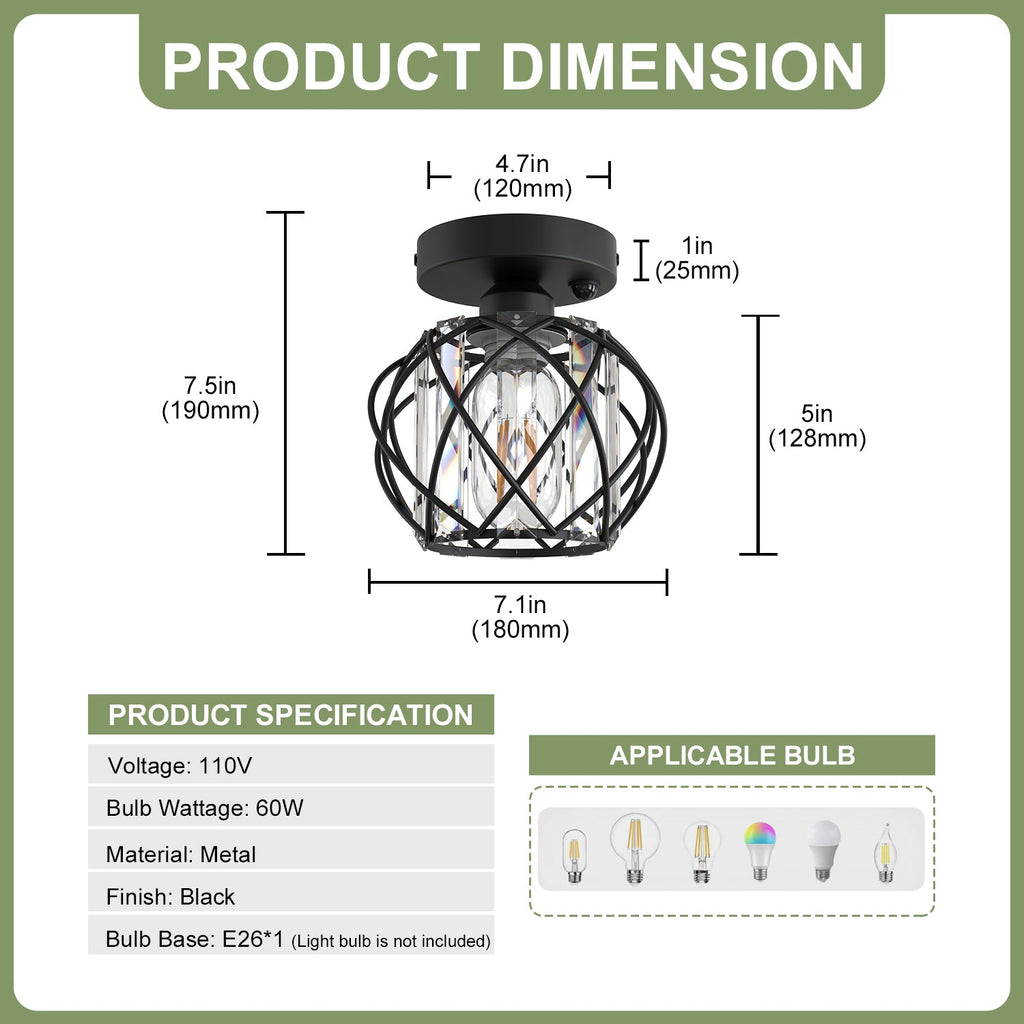 Jandcase 7.1 in. 1-Light Matte Black Motion Sensor Semi Flush Mount Ceiling Light with Crystal Shade Modern Ceiling Light Fixtur