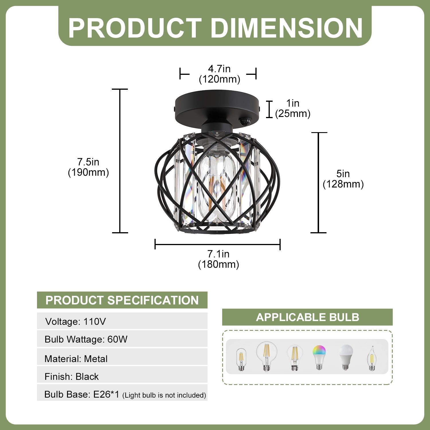 Jandcase 7.1 in. 1-Light Matte Black Motion Sensor Semi Flush Mount Ceiling Light with Crystal Shade Modern Ceiling Light Fixtur