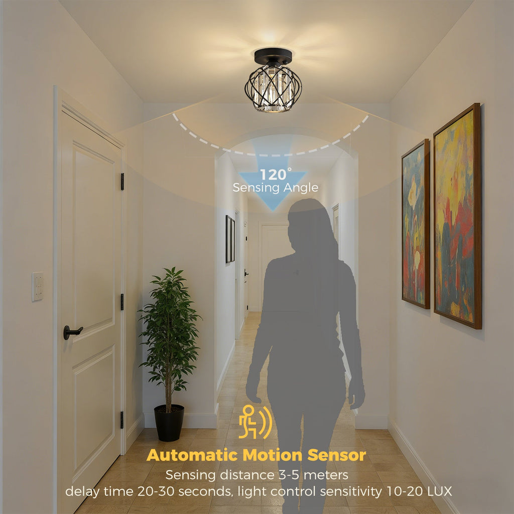 Jandcase 7.1 in. 1-Light Matte Black Motion Sensor Semi Flush Mount Ceiling Light with Crystal Shade Modern Ceiling Light Fixtur