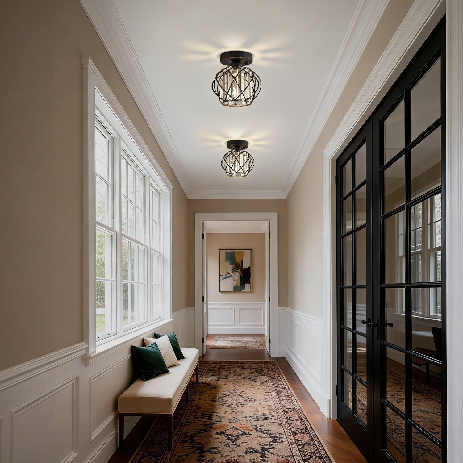 Jandcase 7.1 in. 1-Light Matte Black Motion Sensor Semi Flush Mount Ceiling Light with Crystal Shade Modern Ceiling Light Fixtur