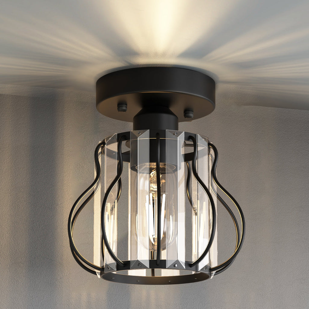 Jandcase 7.1in Semi Flush Mount Ceiling Light with Triangular Crystal Design, Matte Black Metal + Crystal