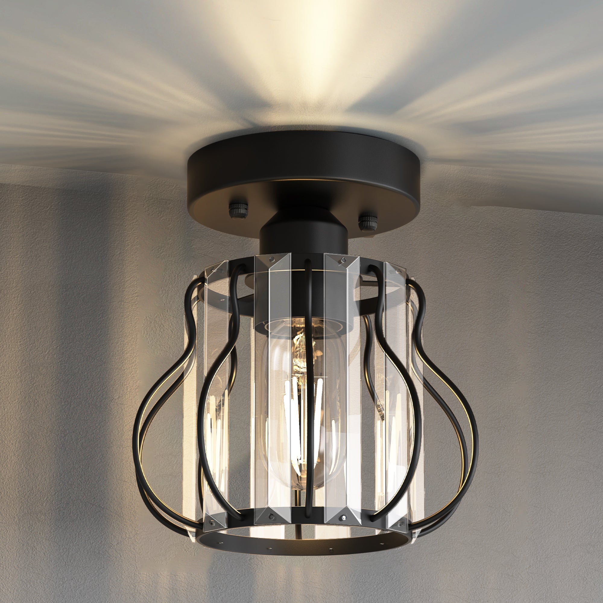 Jandcase 7.1in Semi Flush Mount Ceiling Light with Triangular Crystal Design, Matte Black Metal + Crystal