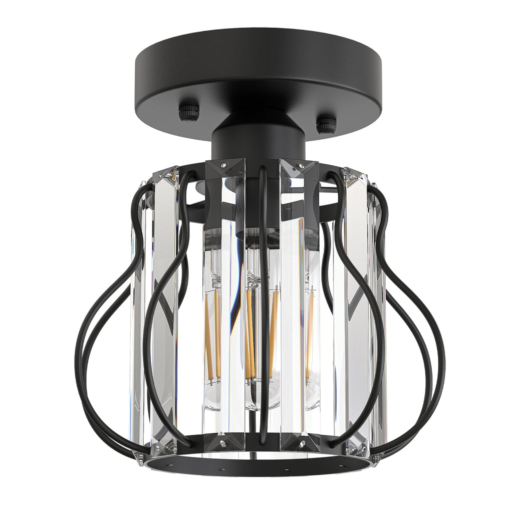 Jandcase 7.1in Semi Flush Mount Ceiling Light with Triangular Crystal Design, Matte Black Metal + Crystal