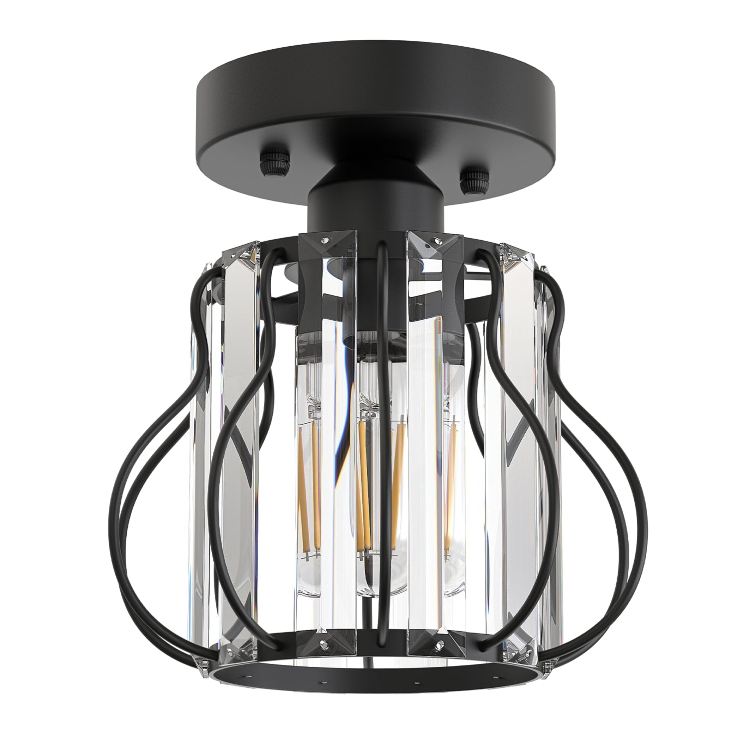 Jandcase 7.1in Semi Flush Mount Ceiling Light with Triangular Crystal Design, Matte Black Metal + Crystal