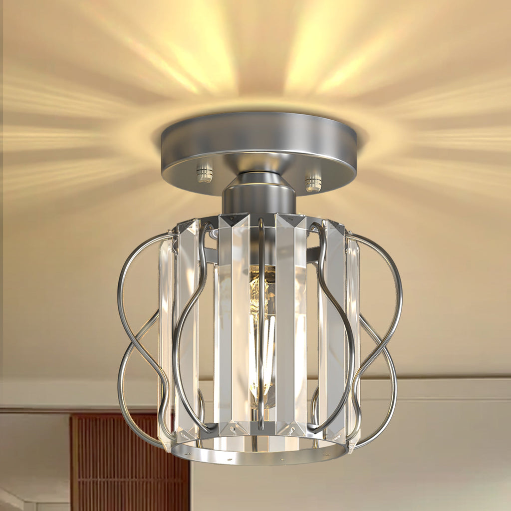 Jandcase 7.1in Chrome Crystal Semi Flush Mount Ceiling Light E26 Modern Hallway Ceiling Fixture with Triangle Crystal Accents