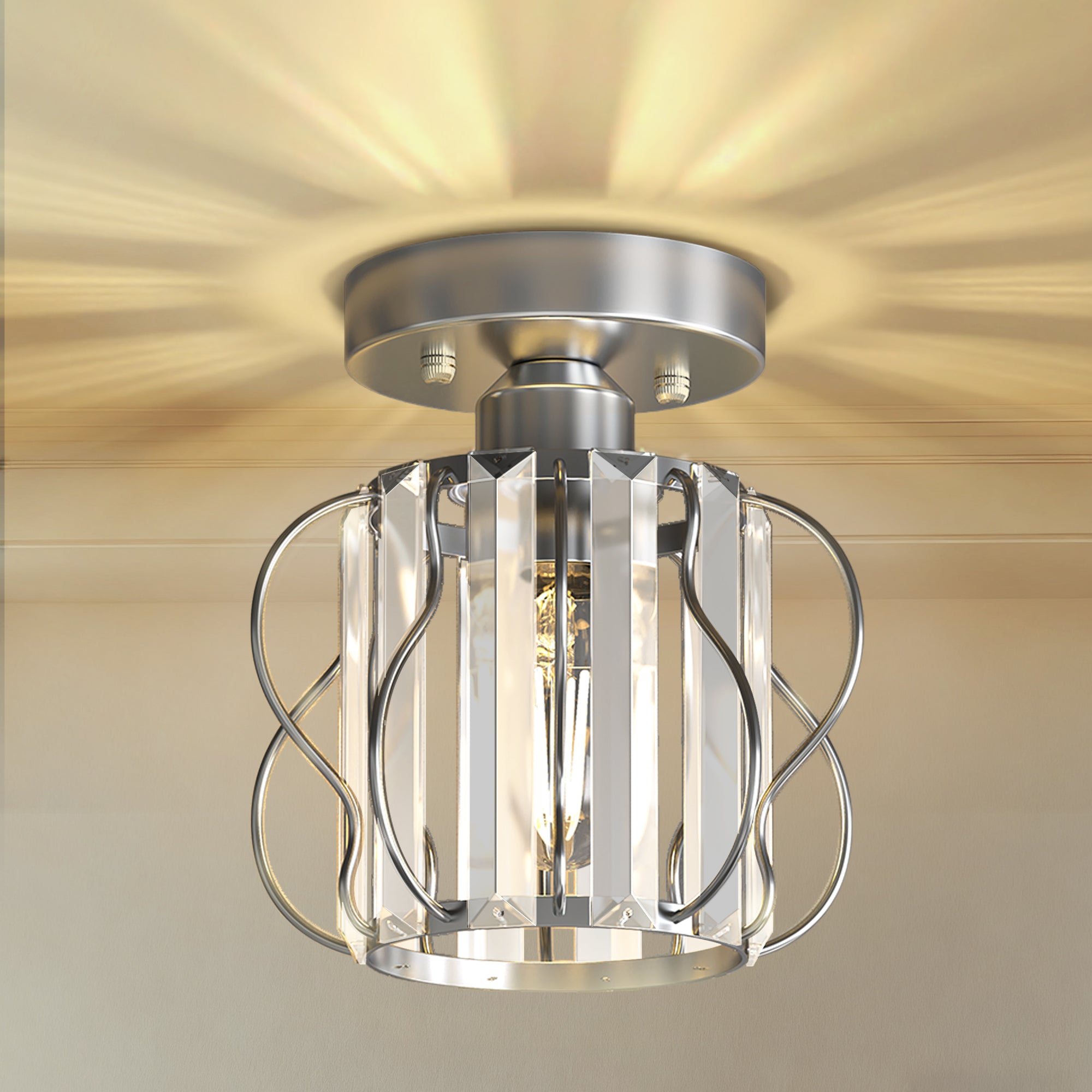 Jandcase 7.1in Chrome Crystal Semi Flush Mount Ceiling Light E26 Modern Hallway Ceiling Fixture with Triangle Crystal Accents
