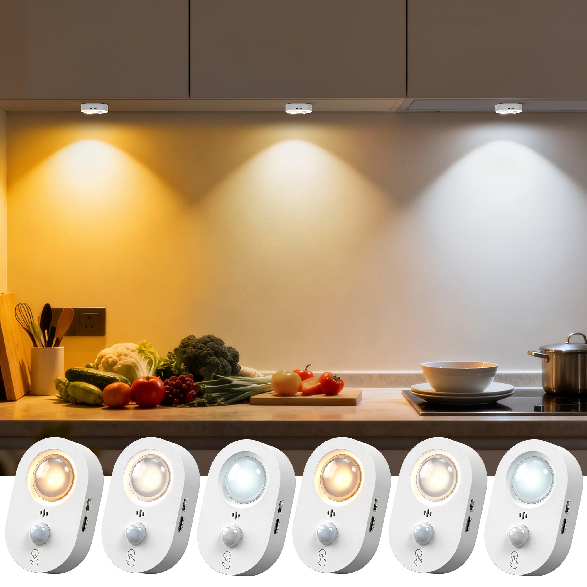 Jandcase 2.6 in. 0.6W 1-Light Cat-Eye Motion Sensor Integrated LED Under Cabinet Light with Remote Control,Wireless 6-Pack