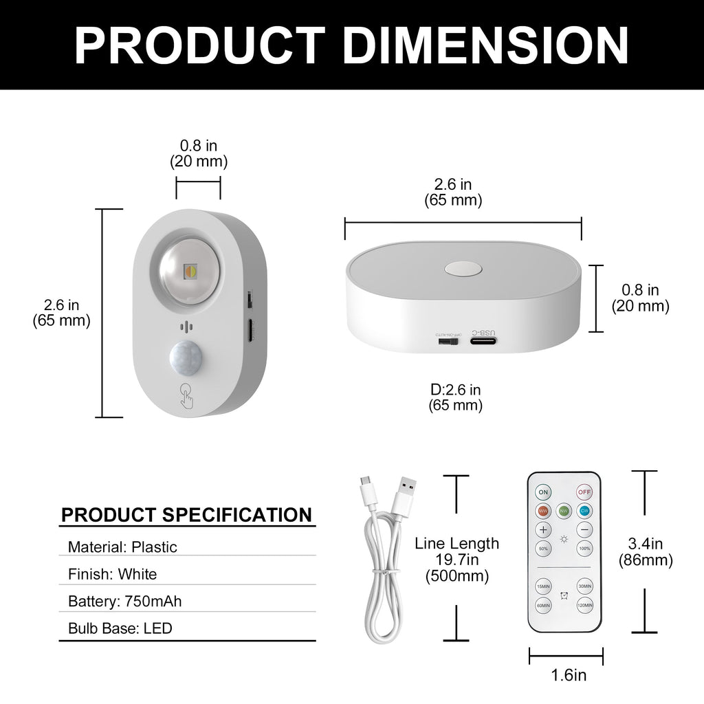 Jandcase 2.6 in. 0.6W 1-Light Cat-Eye Motion Sensor Integrated LED Under Cabinet Light with Remote Control,Wireless 6-Pack