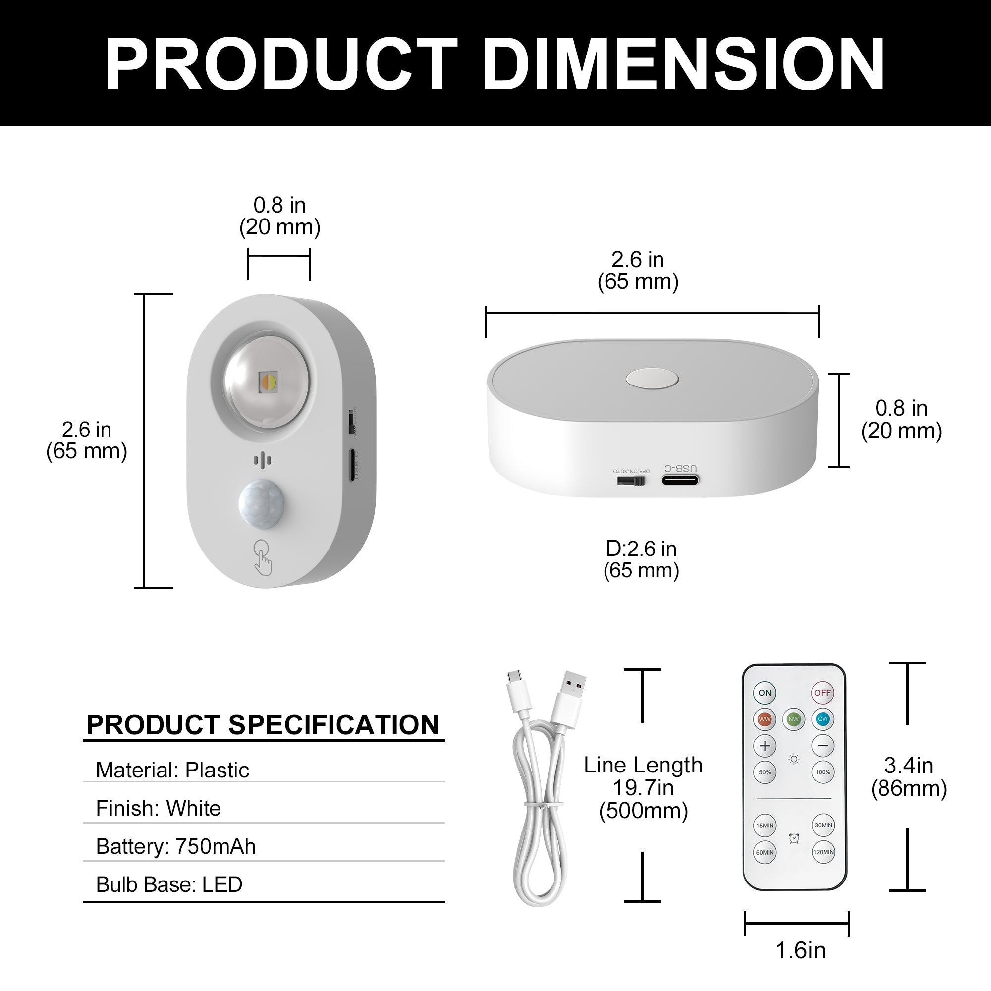 Jandcase 2.6 in. 0.6W 1-Light Cat-Eye Motion Sensor Integrated LED Under Cabinet Light with Remote Control,Wireless 6-Pack