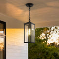 Jandcase Outdoor 1-Light Rectangular Pendant Light with Glass Shade, 13.8in Black Metal Lantern Hanging Light, E26 Base Exterior Porch Light with Chain