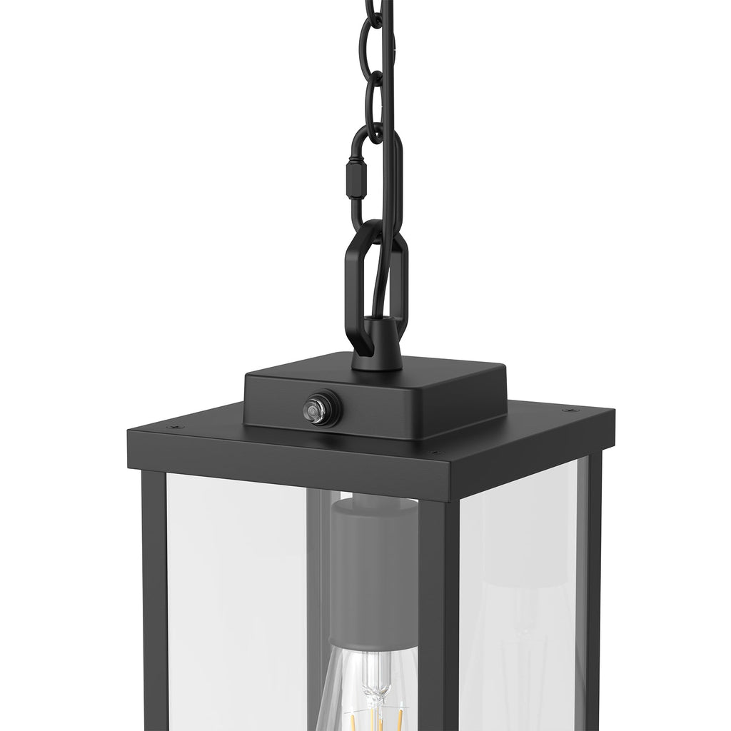 13.8 in. 1-Light Black Rectangle Outdoor Pendant Light with Clear Glass Shade and Dusk to Dawn for Balconies
