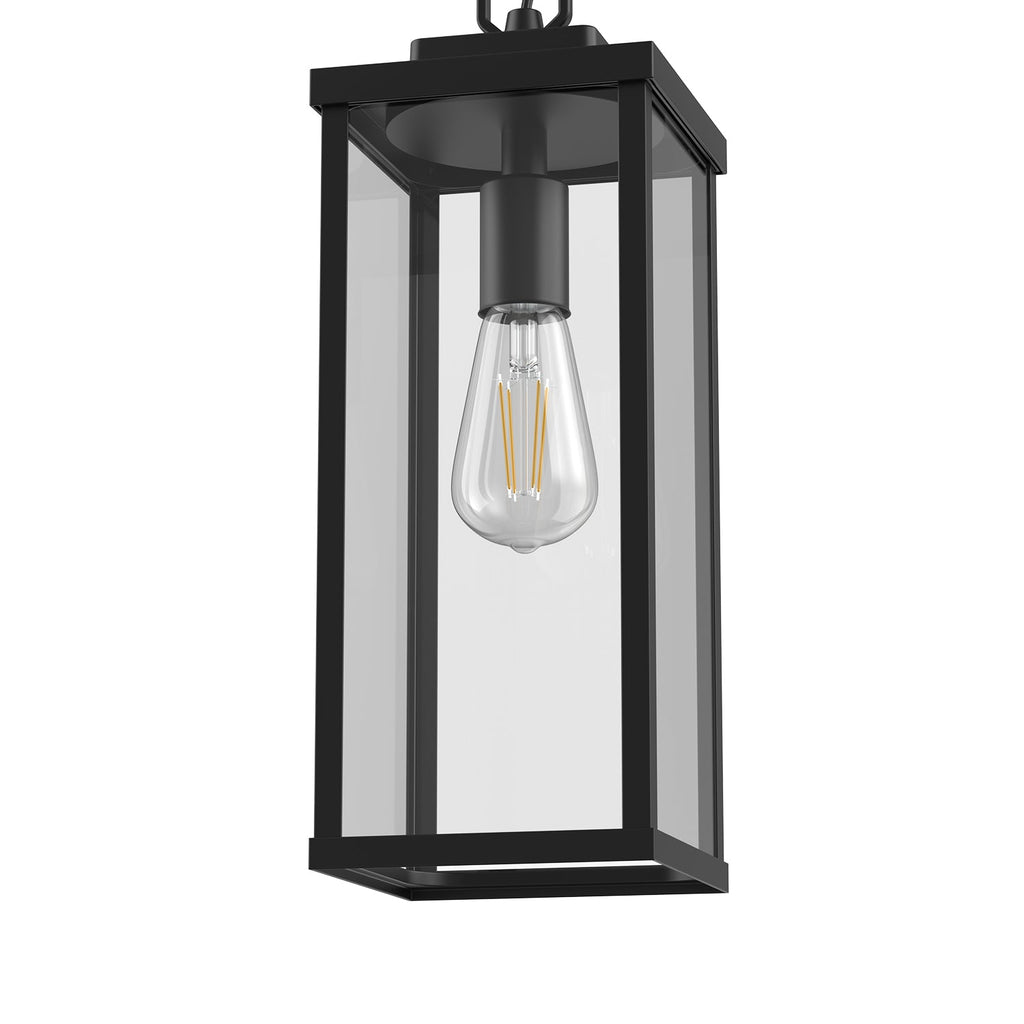 13.8 in. 1-Light Black Rectangle Outdoor Pendant Light with Clear Glass Shade and Dusk to Dawn for Balconies