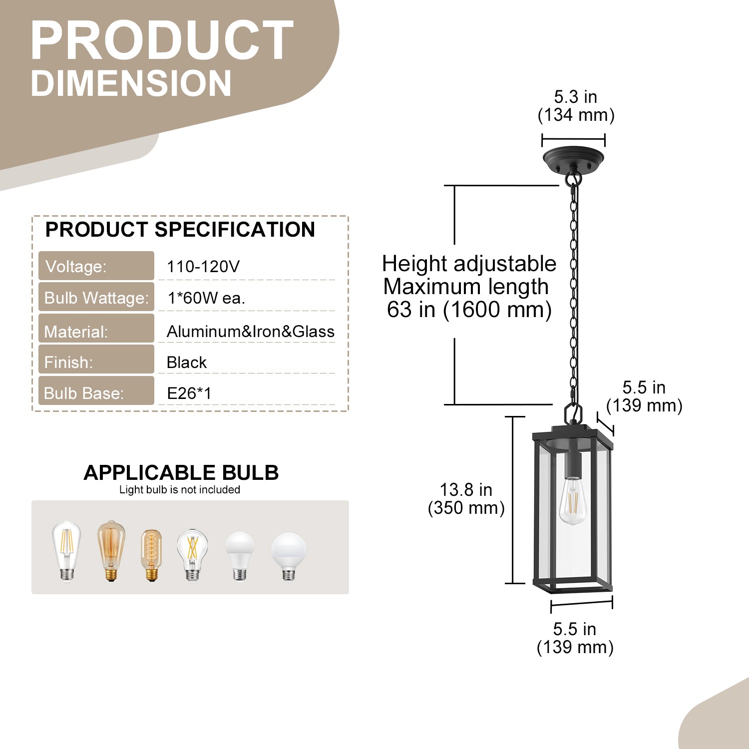13.8 in. 1-Light Black Rectangle Outdoor Pendant Light with Clear Glass Shade and Dusk to Dawn for Balconies