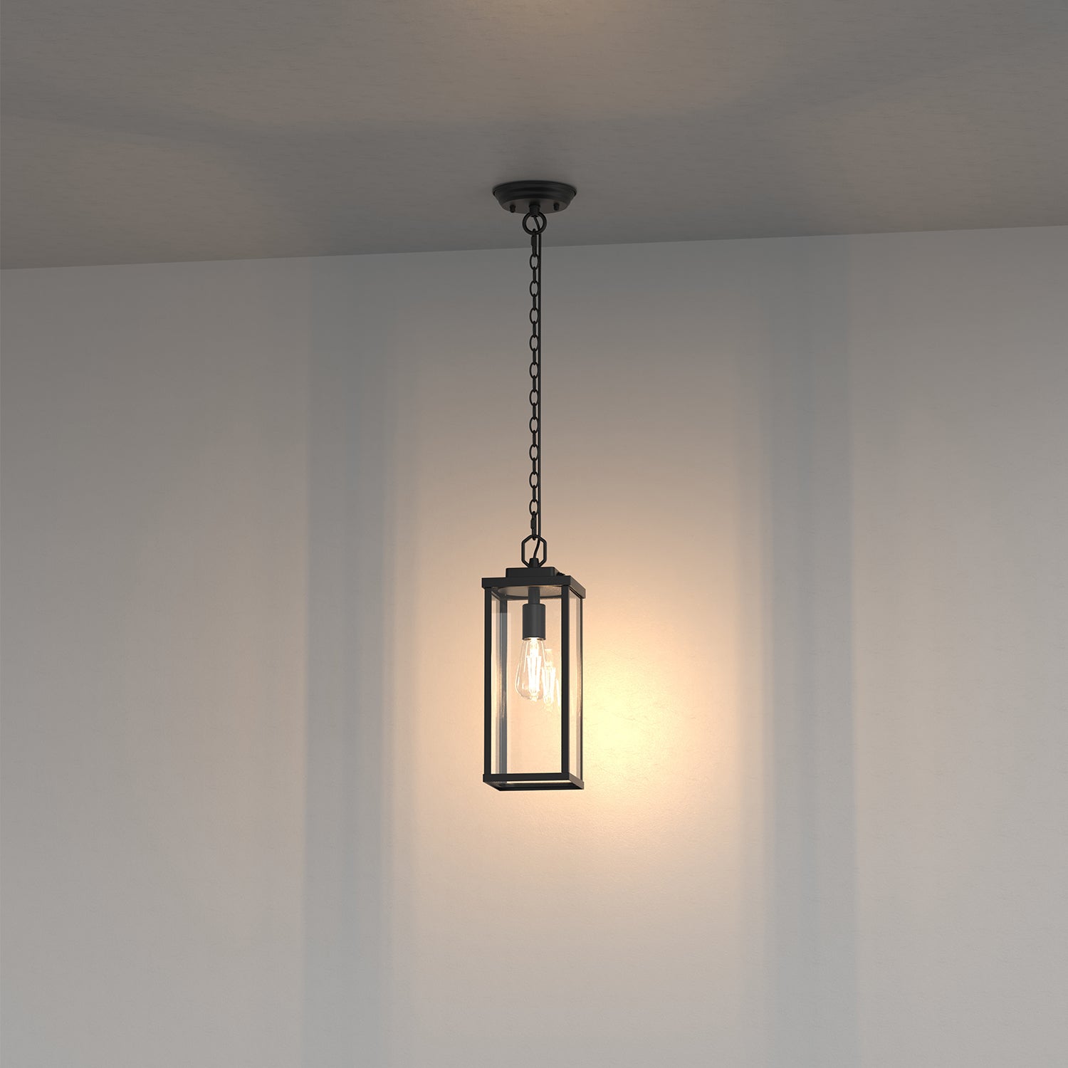 13.8 in. 1-Light Black Rectangle Outdoor Pendant Light with Clear Glass Shade and Dusk to Dawn for Balconies