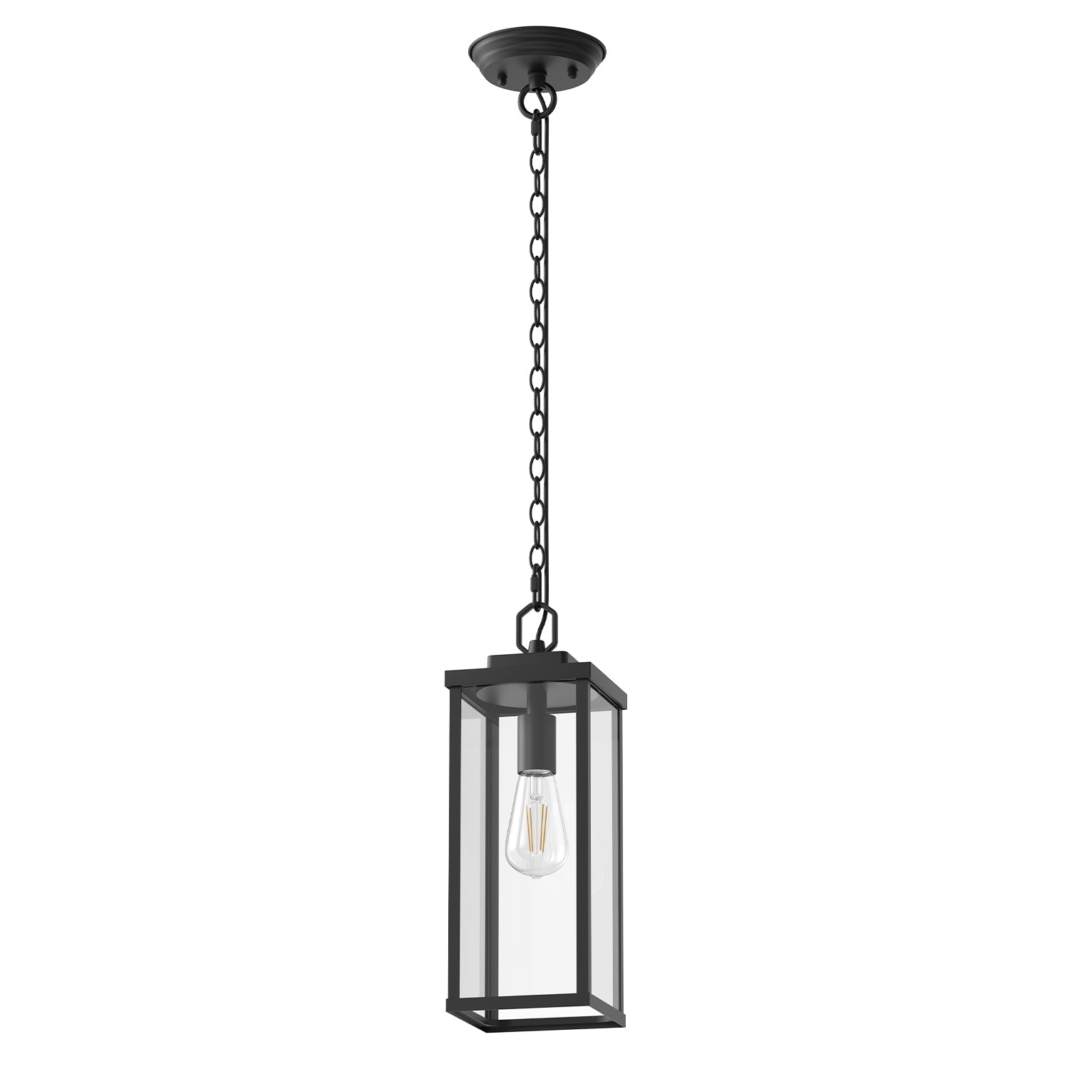 13.8 in. 1-Light Black Rectangle Outdoor Pendant Light with Clear Glass Shade and Dusk to Dawn for Balconies