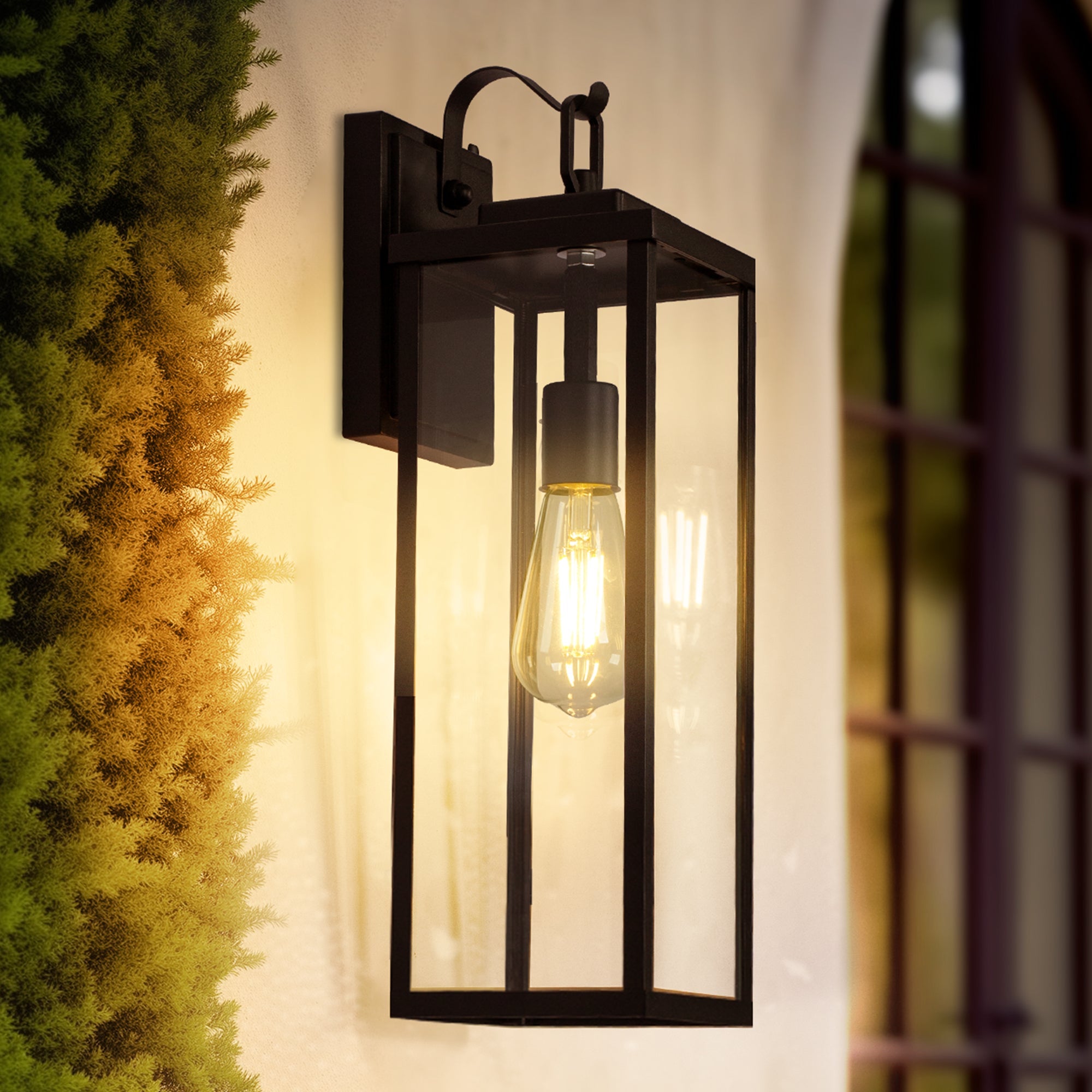 Jandcase 16 in. 1-Light Matte Black Light Control Rectangular Outdoor Wall Sconce with Clear Glass Shades E26 Socket 2-Pack